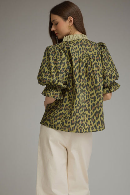 Leopard Print Ruffle Trim Puff Sleeve Top - Olive