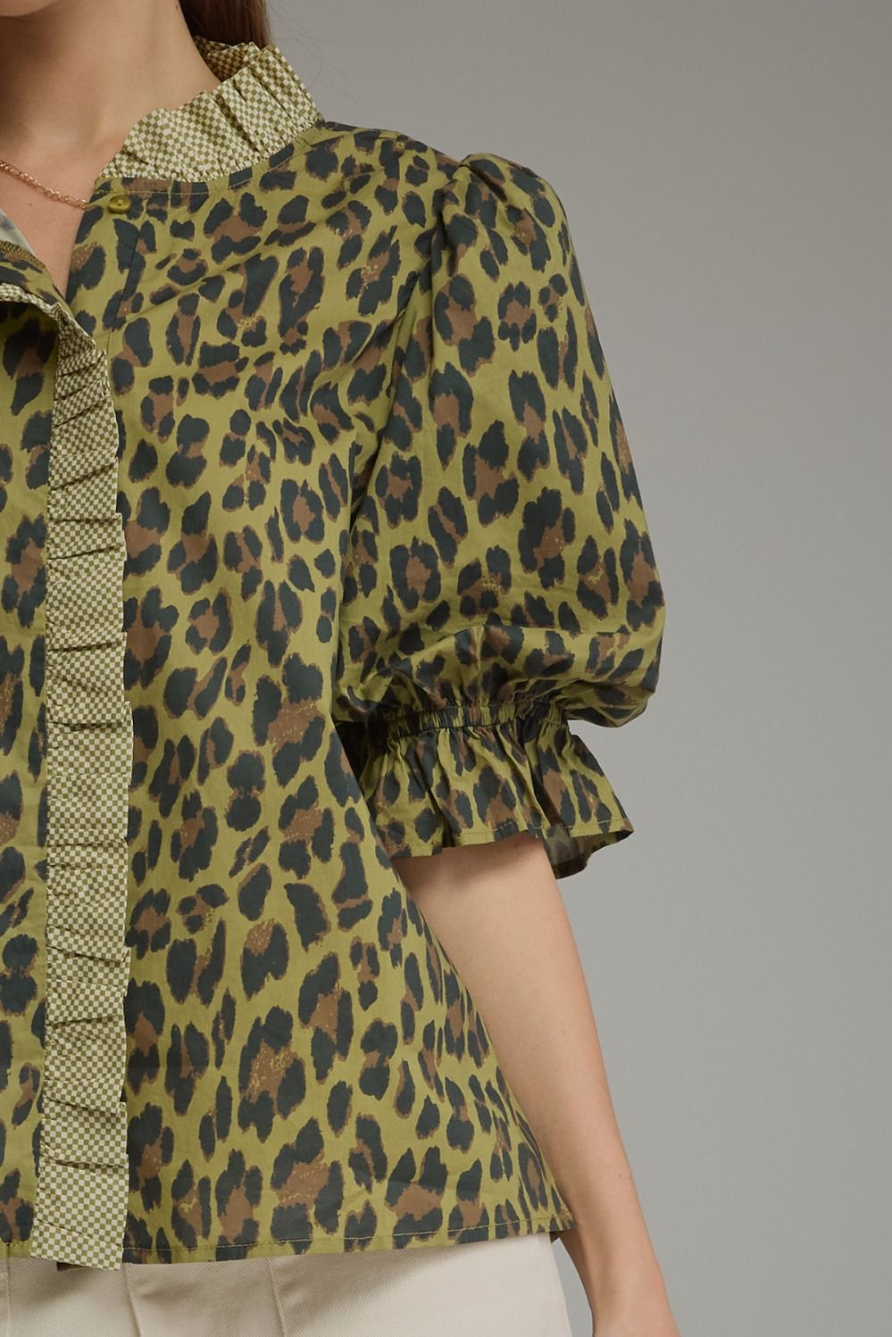 Leopard Print Ruffle Trim Puff Sleeve Top - Olive