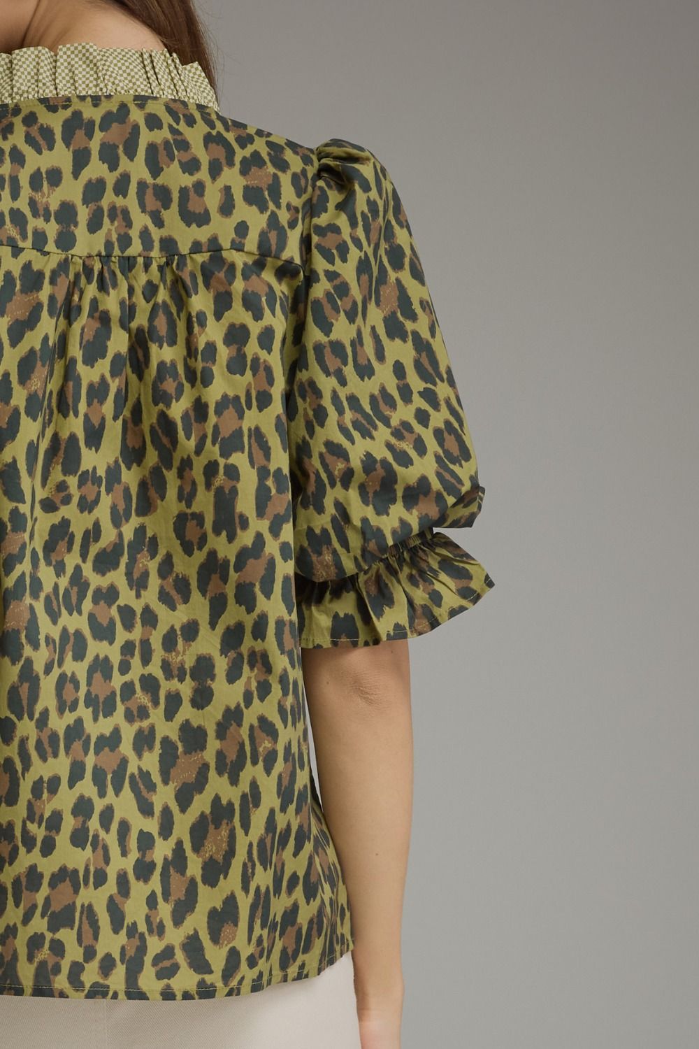 Leopard Print Ruffle Trim Puff Sleeve Top - Olive