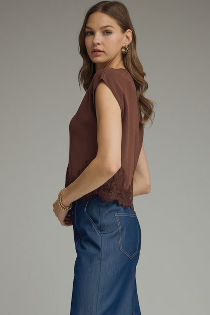 Lace Trim Cap Sleeve Sweater Top - Brown