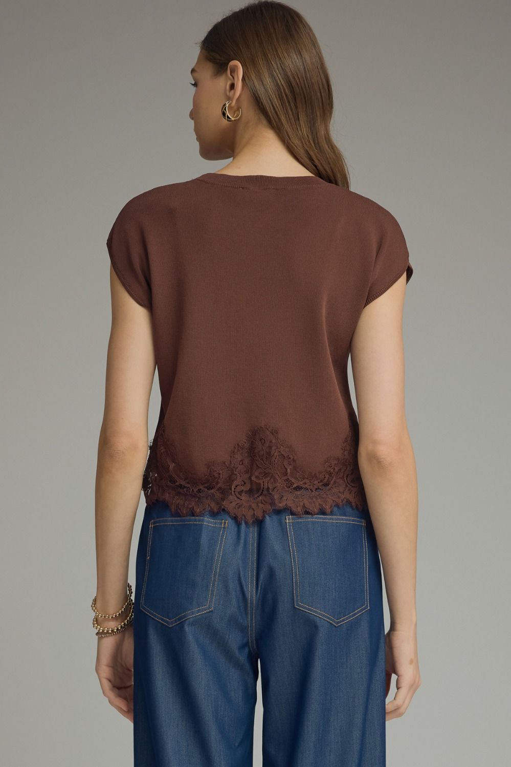 Lace Trim Cap Sleeve Sweater Top - Brown