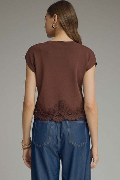 Lace Trim Cap Sleeve Sweater Top - Brown