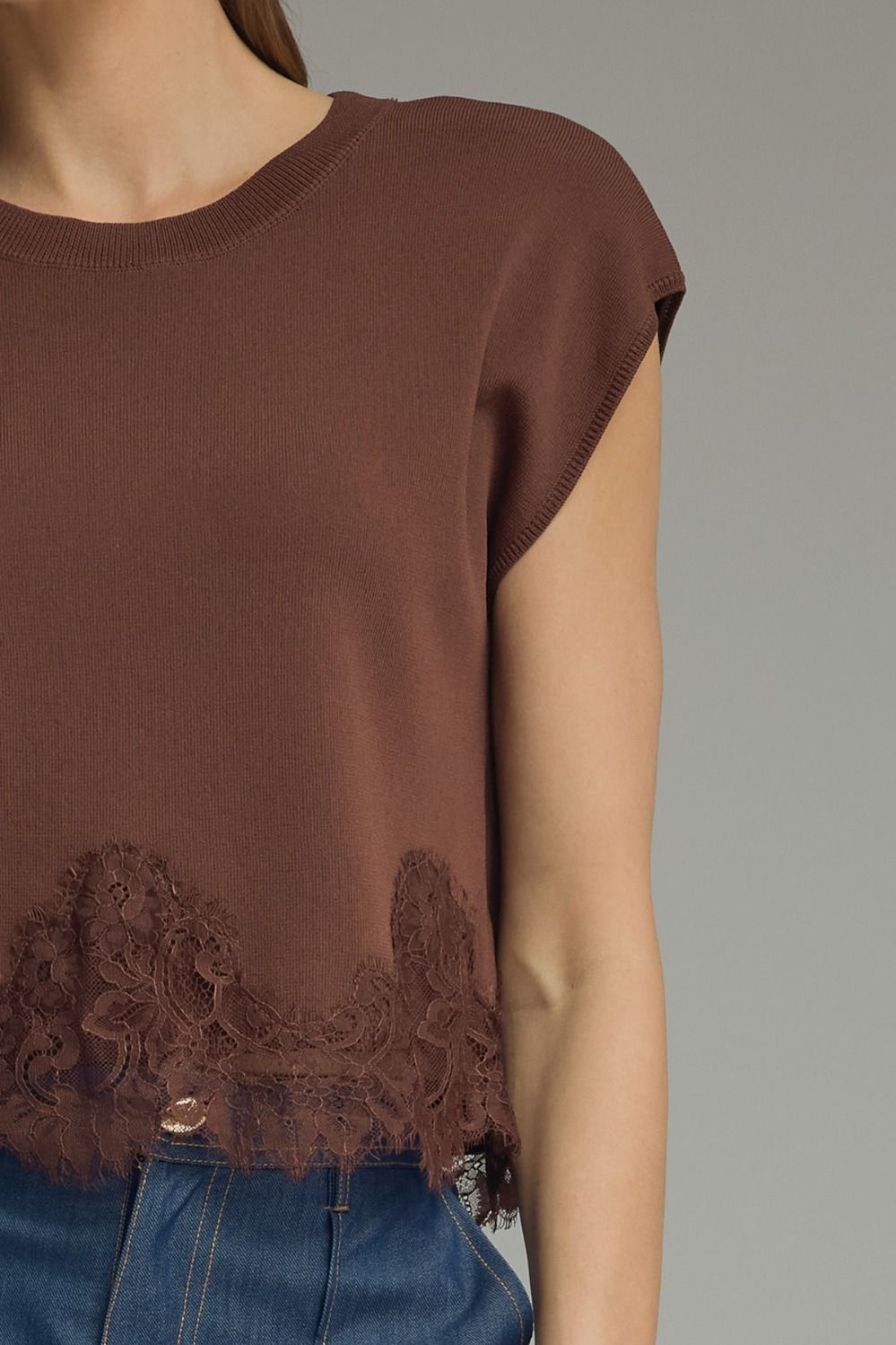 Lace Trim Cap Sleeve Sweater Top - Brown