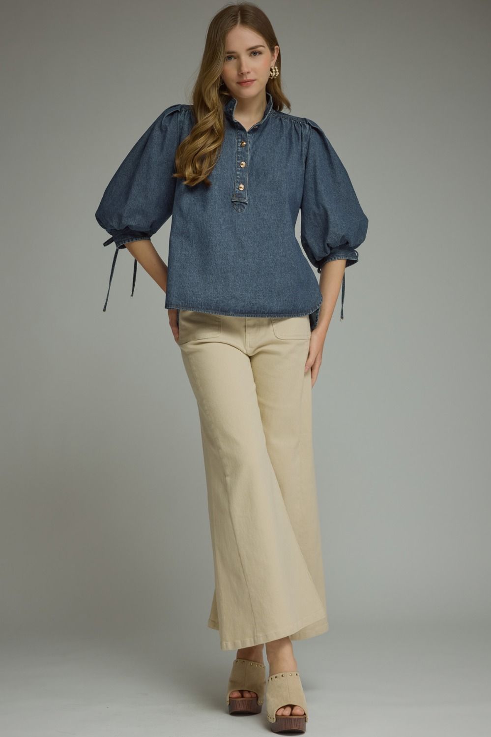 3/4 Puff Sleeve Top - Dark Denim