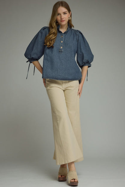 3/4 Puff Sleeve Top - Dark Denim
