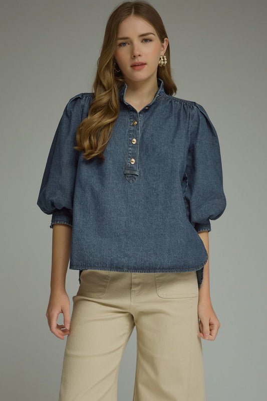 3/4 Puff Sleeve Top - Dark Denim