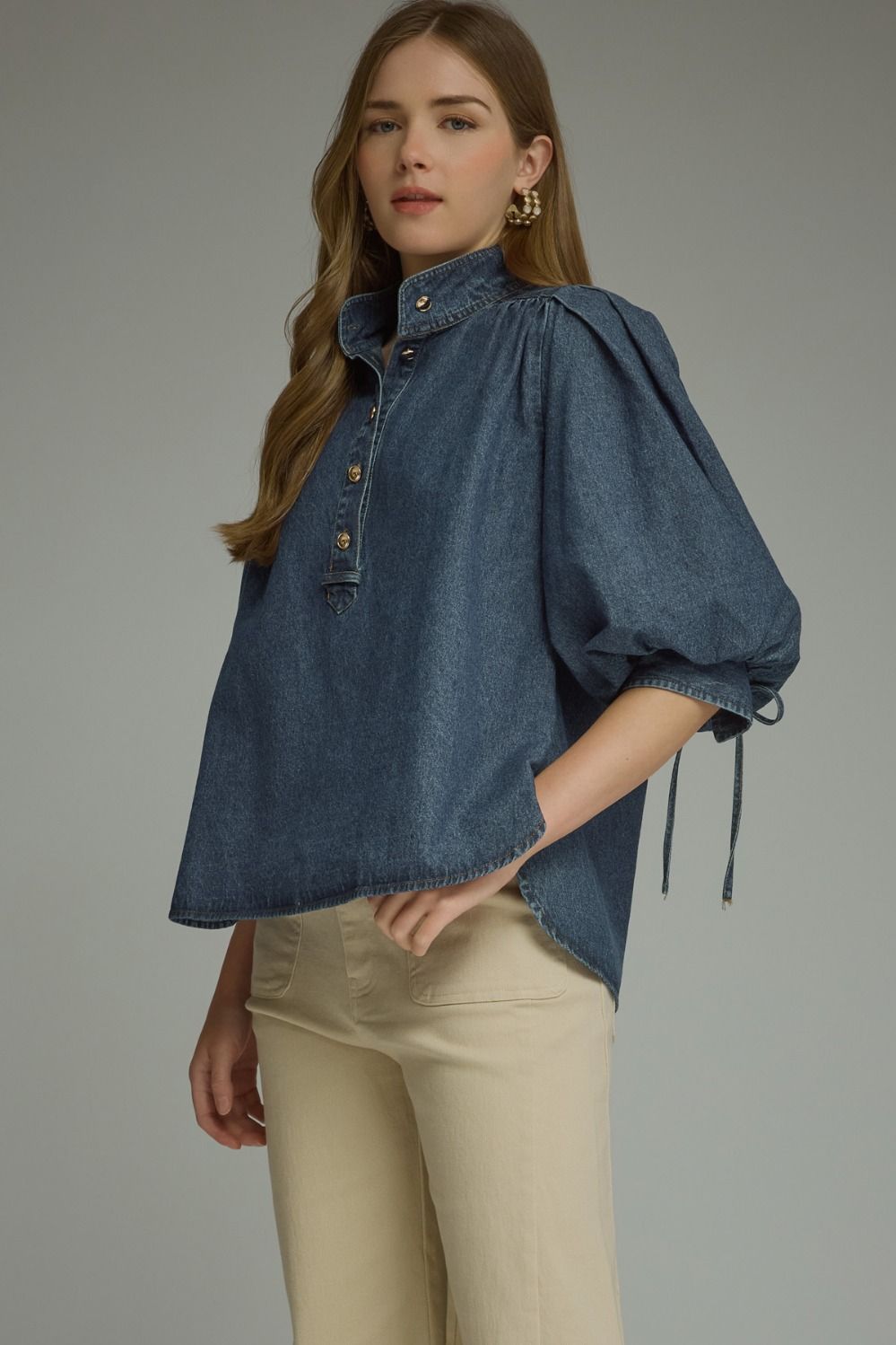 3/4 Puff Sleeve Top - Dark Denim