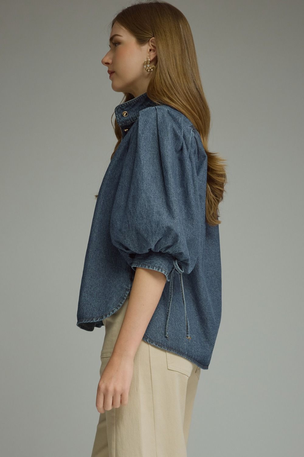 3/4 Puff Sleeve Top - Dark Denim