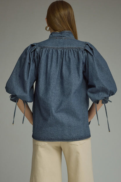 3/4 Puff Sleeve Top - Dark Denim