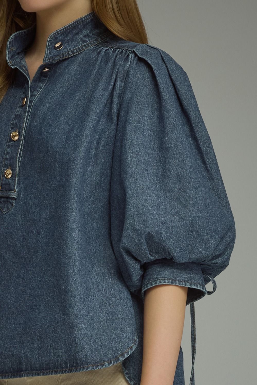 3/4 Puff Sleeve Top - Dark Denim
