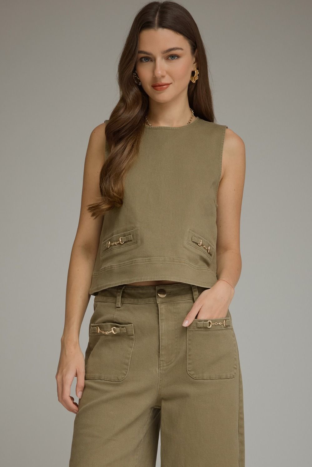 Sleeveless Top with Hardware Accent - Olive
