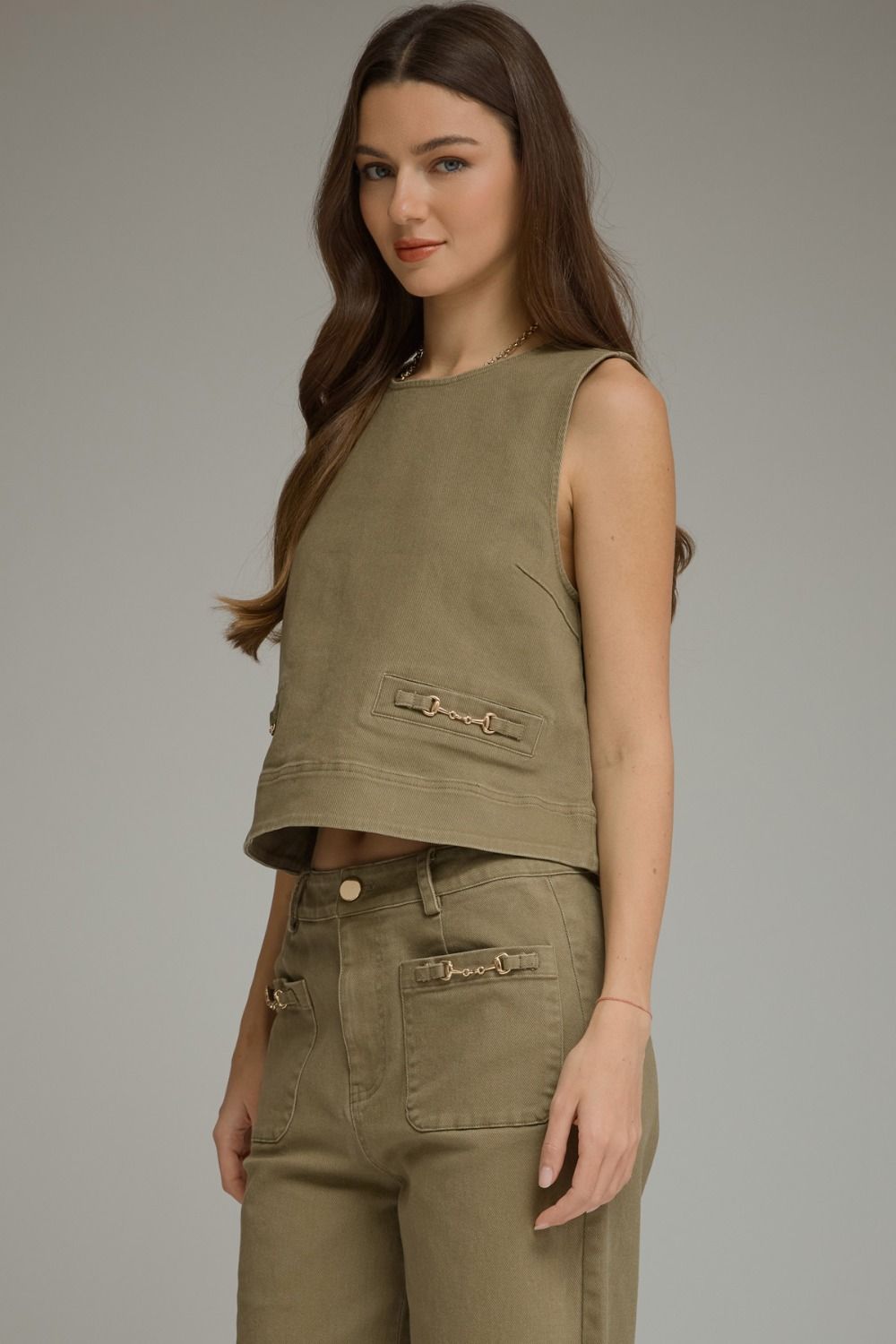 Sleeveless Top with Hardware Accent - Olive
