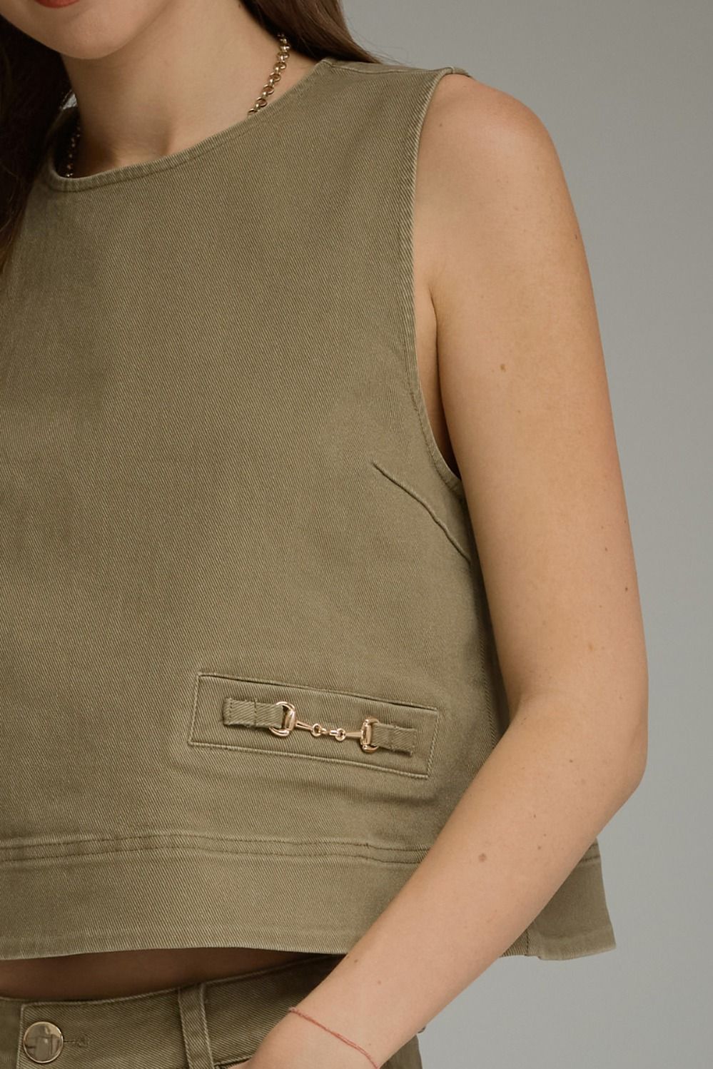 Sleeveless Top with Hardware Accent - Olive