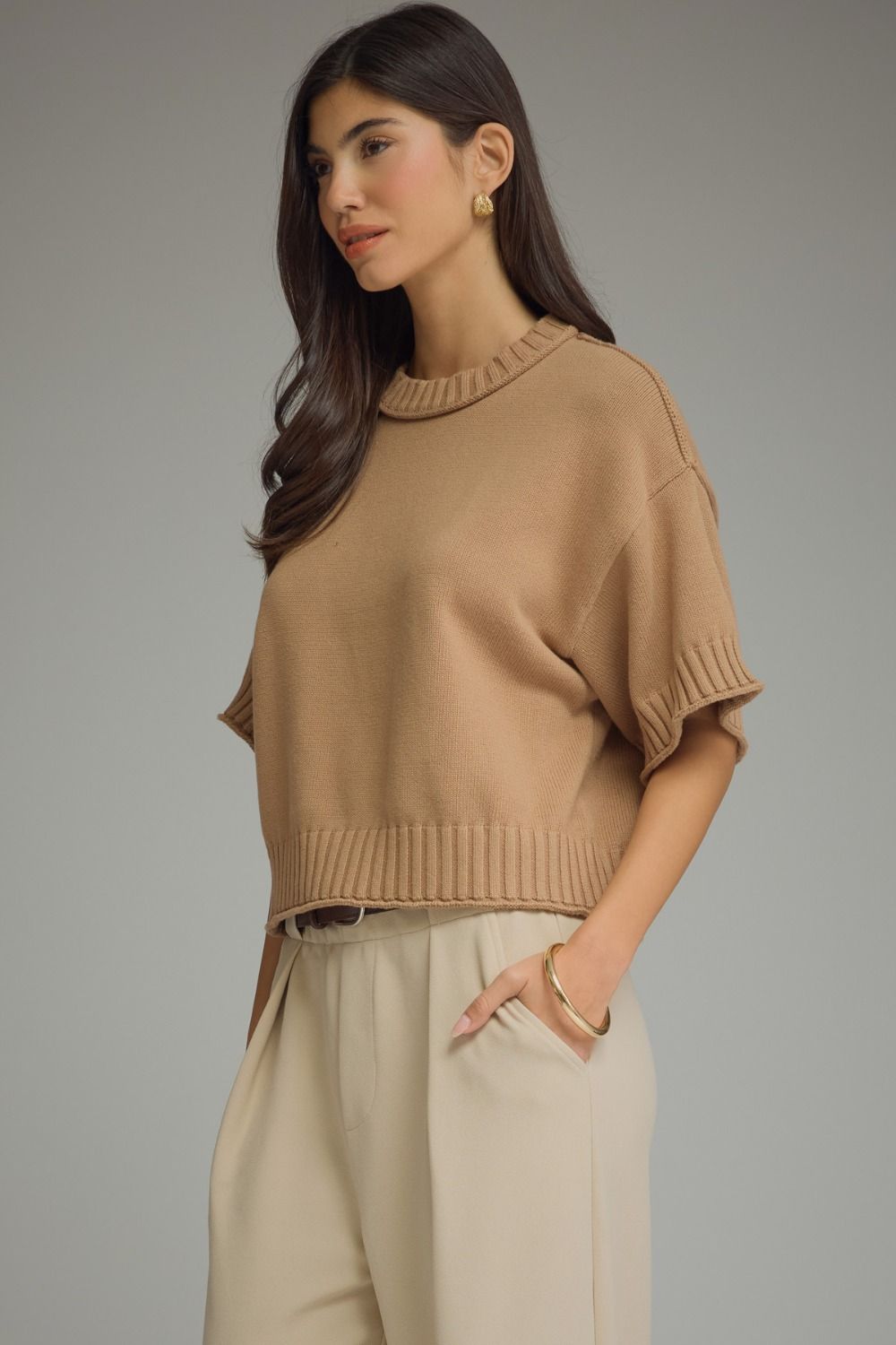 Solid Short Sleeve Sweater with Ribbed Trim - Camel
