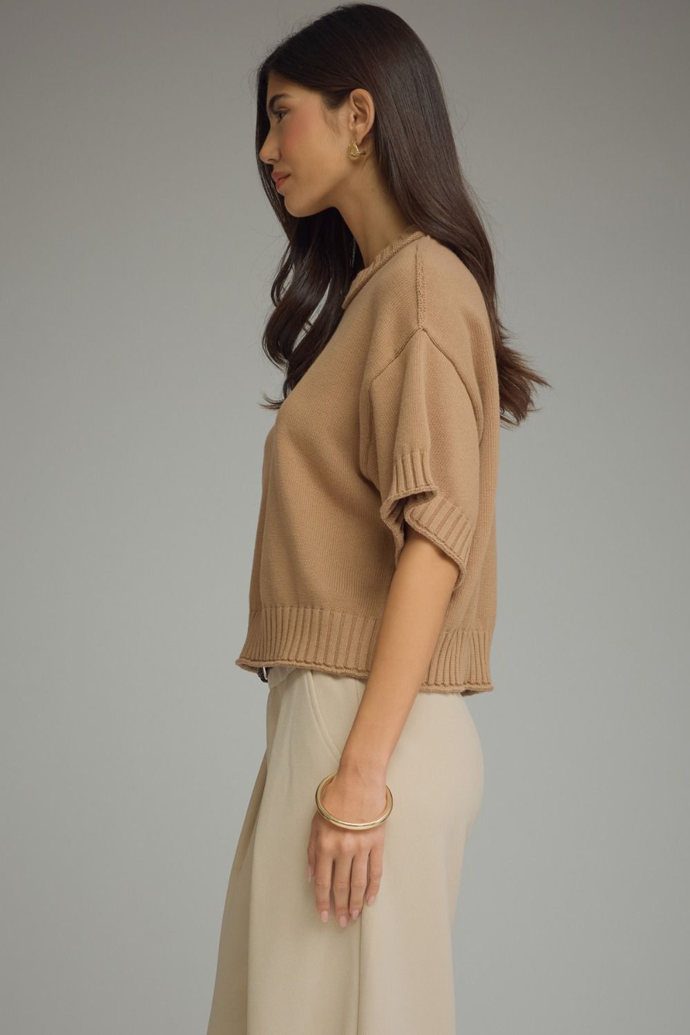 Solid Short Sleeve Sweater with Ribbed Trim - Camel