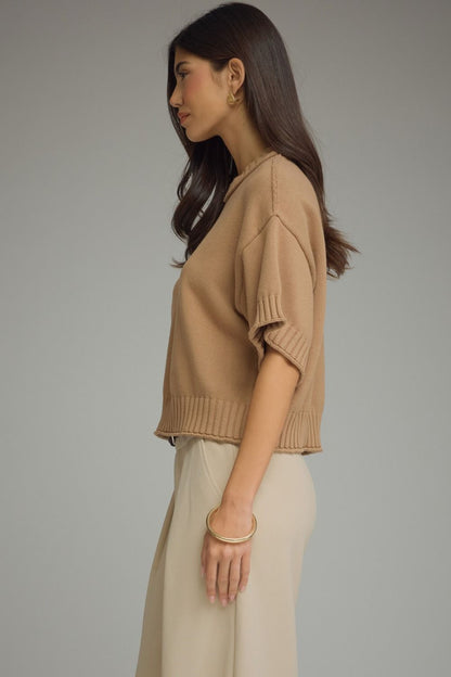 Solid Short Sleeve Sweater with Ribbed Trim - Camel