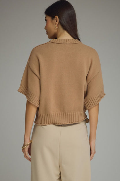 Solid Short Sleeve Sweater with Ribbed Trim - Camel