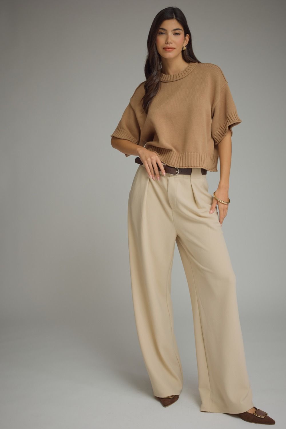 Solid Short Sleeve Sweater with Ribbed Trim - Camel