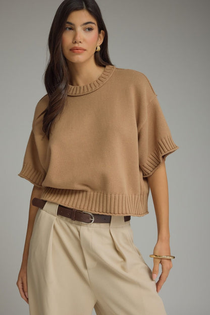 Solid Short Sleeve Sweater with Ribbed Trim - Camel