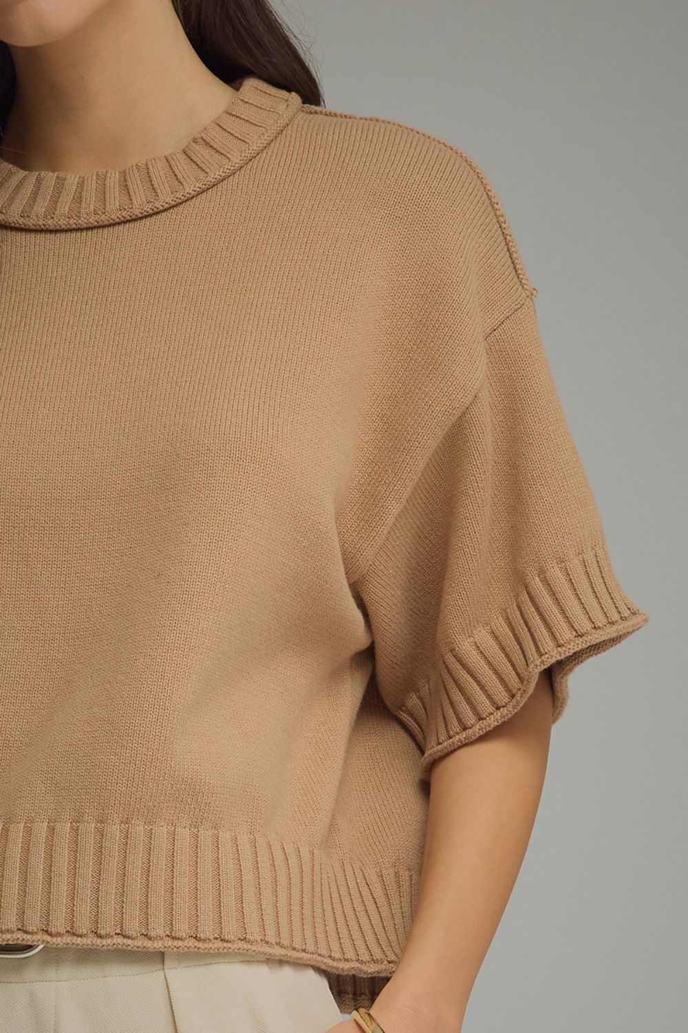 Solid Short Sleeve Sweater with Ribbed Trim - Camel