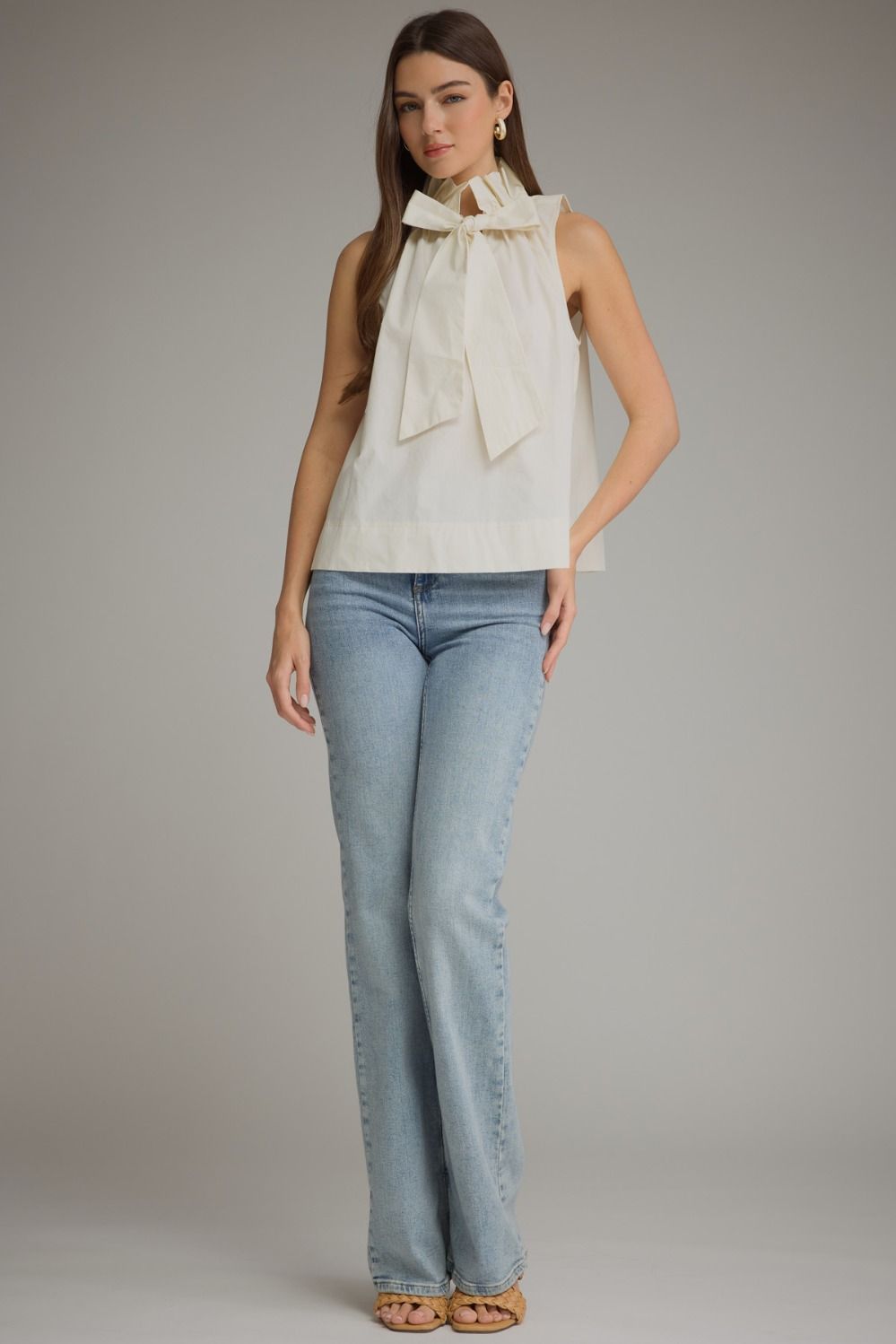 Ruffled High Neckline Sleeveless Top - Cream