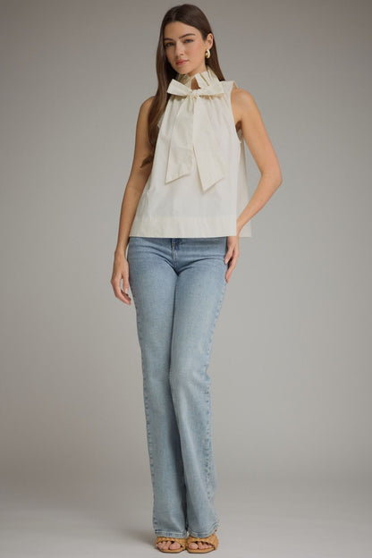 Ruffled High Neckline Sleeveless Top - Cream