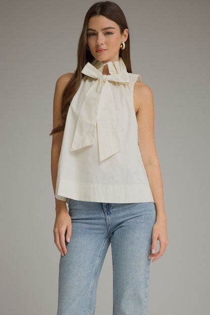 Ruffled High Neckline Sleeveless Top - Cream