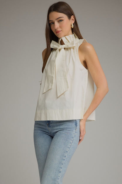 Ruffled High Neckline Sleeveless Top - Cream