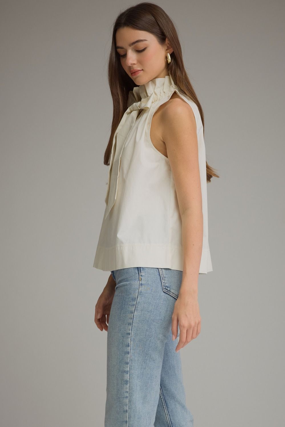 Ruffled High Neckline Sleeveless Top - Cream