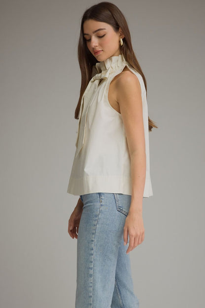 Ruffled High Neckline Sleeveless Top - Cream