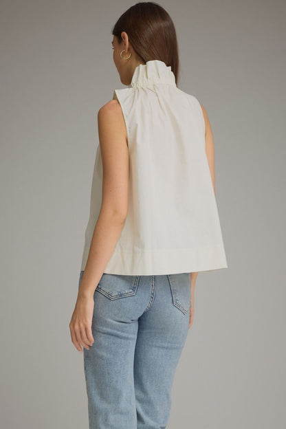 Ruffled High Neckline Sleeveless Top - Cream