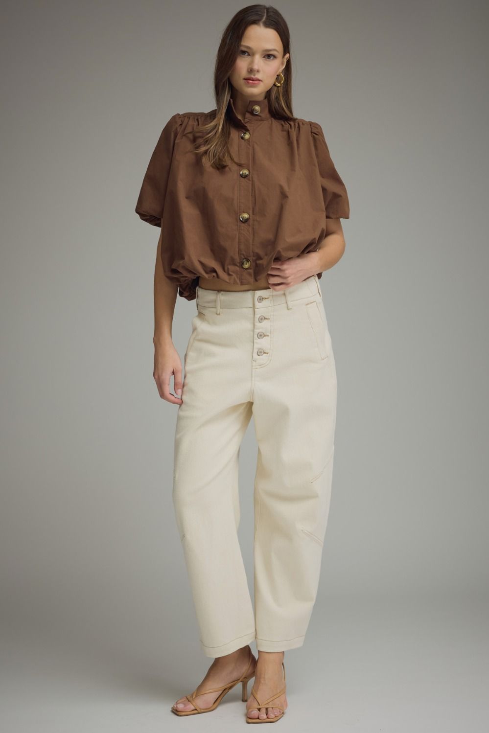 Puff Sleeve Bubble Top - Brown