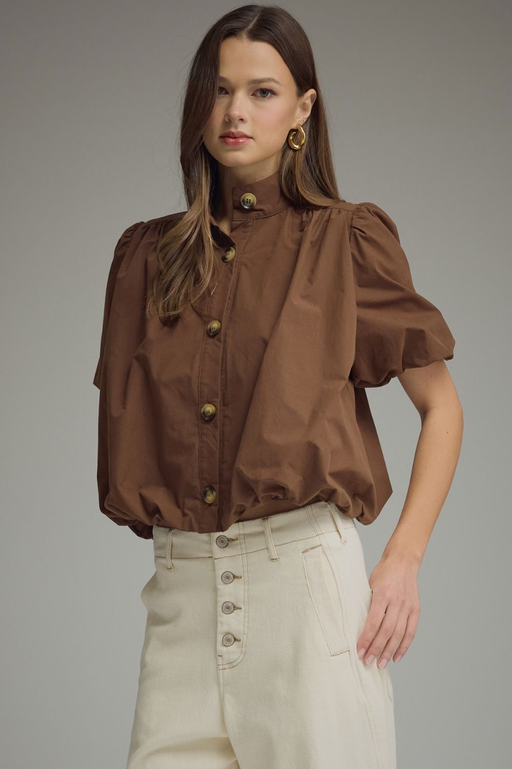 Puff Sleeve Bubble Top - Brown