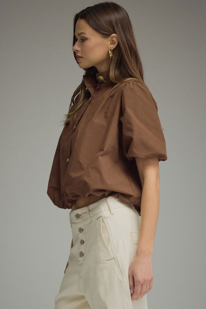 Puff Sleeve Bubble Top - Brown