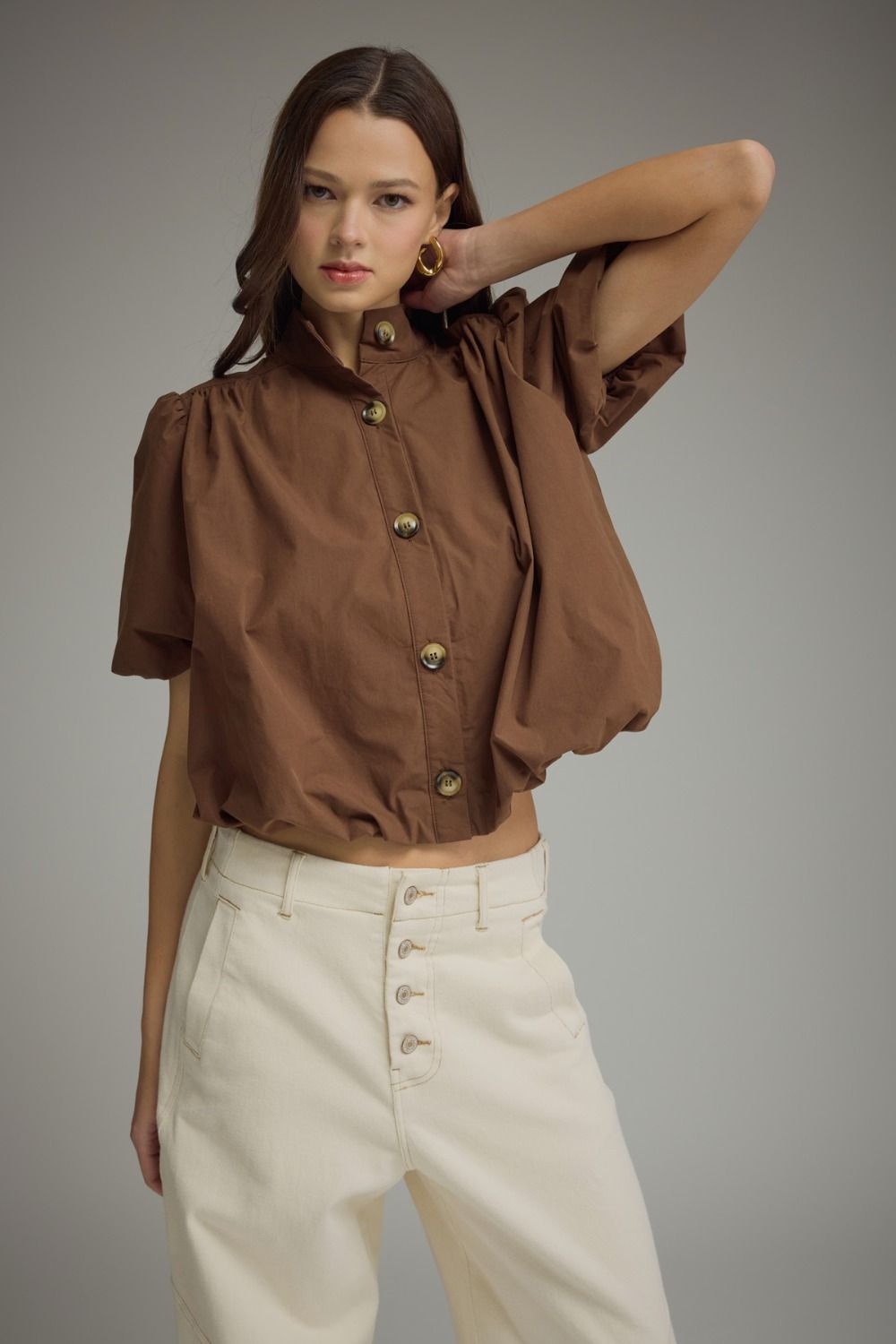 Puff Sleeve Bubble Top - Brown