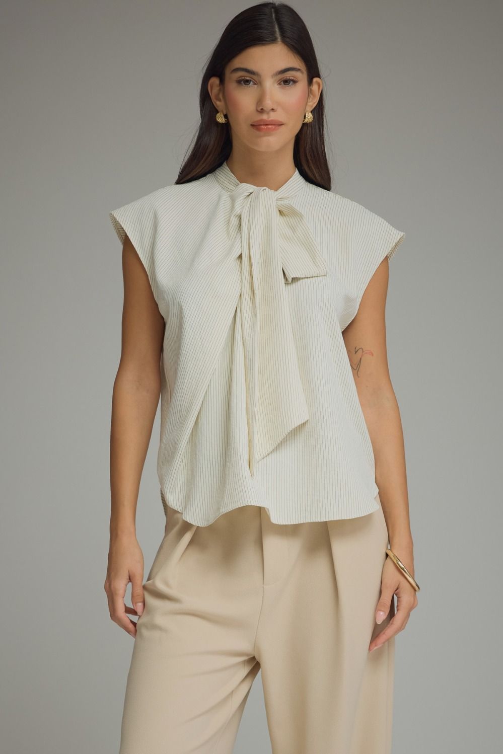 Tie-Neck Stripe Cap Sleeve Top - Cream