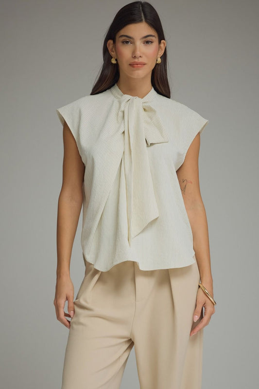 Tie-Neck Stripe Cap Sleeve Top - Cream