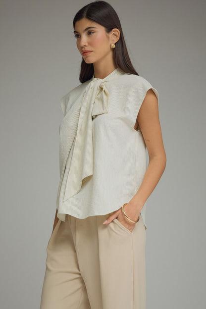 Tie-Neck Stripe Cap Sleeve Top - Cream