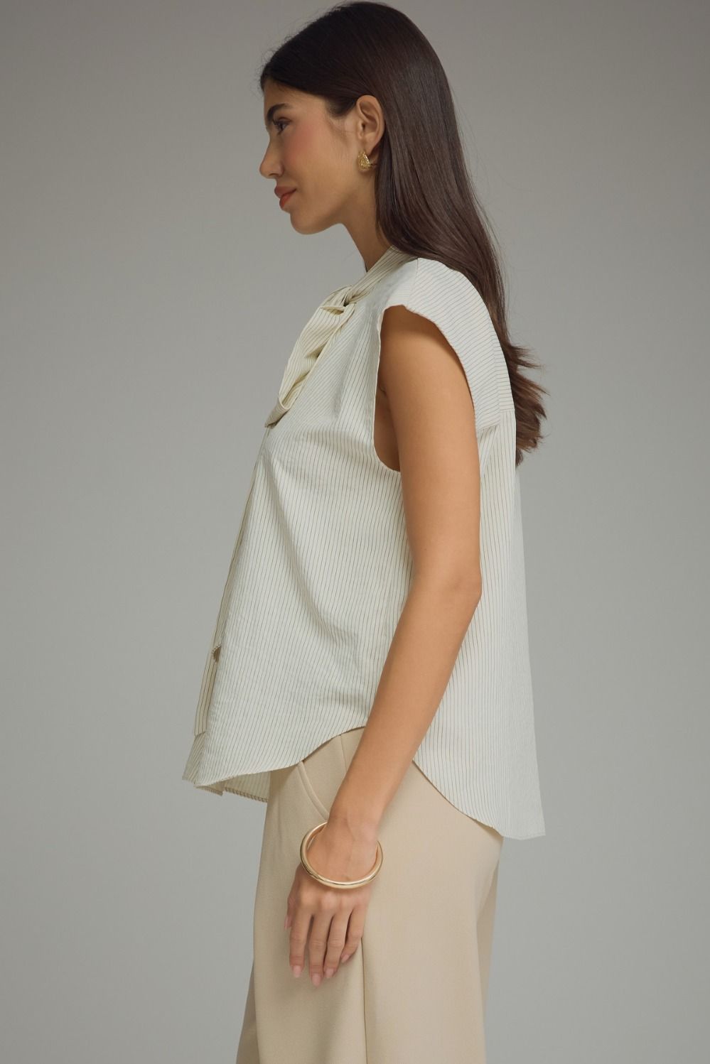 Tie-Neck Stripe Cap Sleeve Top - Cream