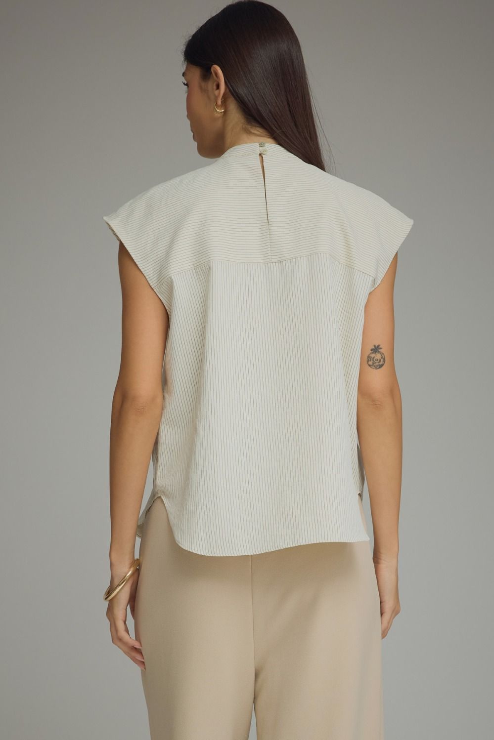 Tie-Neck Stripe Cap Sleeve Top - Cream