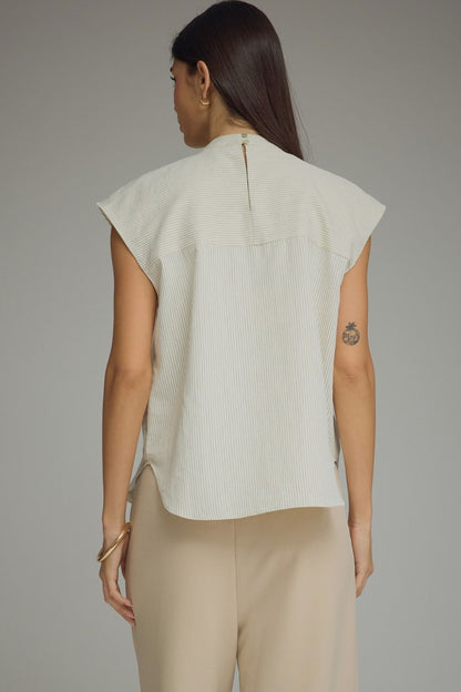 Tie-Neck Stripe Cap Sleeve Top - Cream