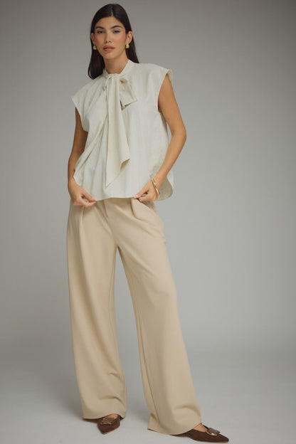 Tie-Neck Stripe Cap Sleeve Top - Cream