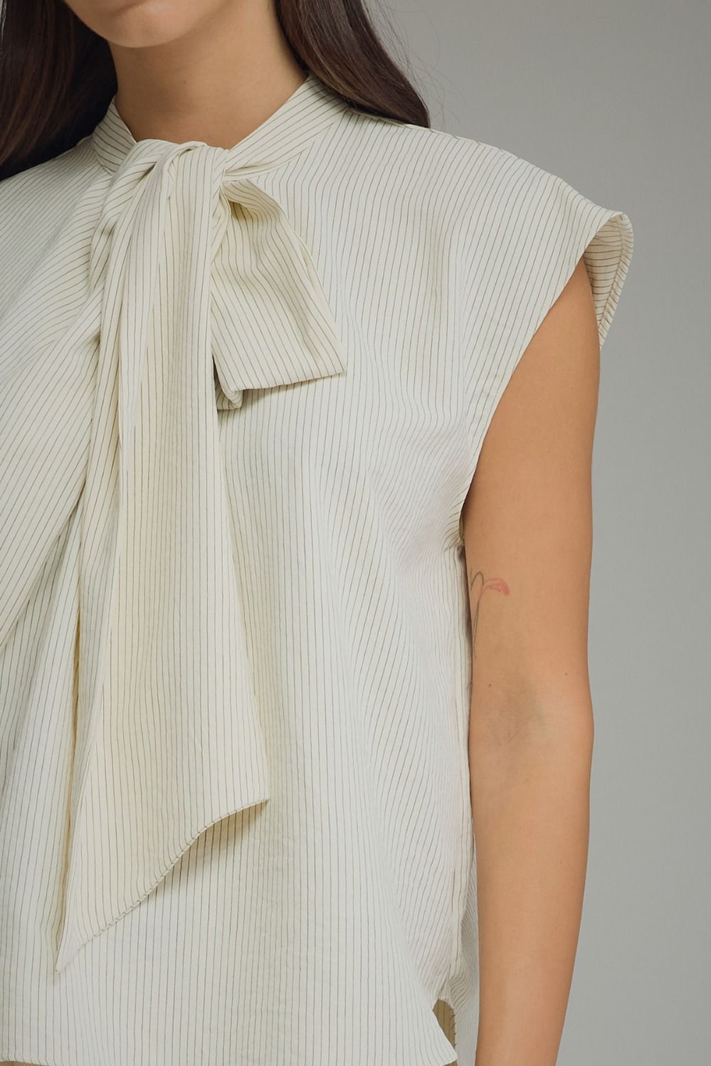 Tie-Neck Stripe Cap Sleeve Top - Cream
