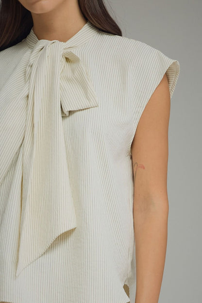 Tie-Neck Stripe Cap Sleeve Top - Cream