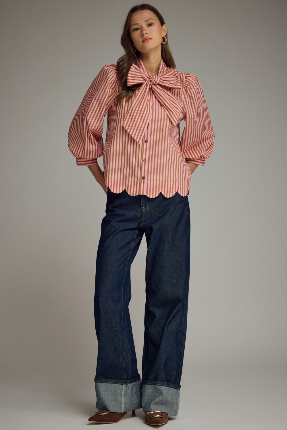Tie Neck Puff Sleeve Top - Camel/Pink