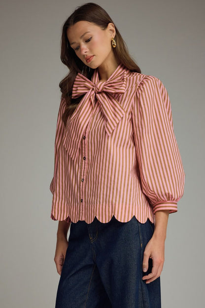 Tie Neck Puff Sleeve Top - Camel/Pink