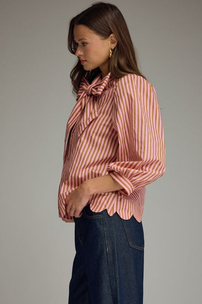 Tie Neck Puff Sleeve Top - Camel/Pink