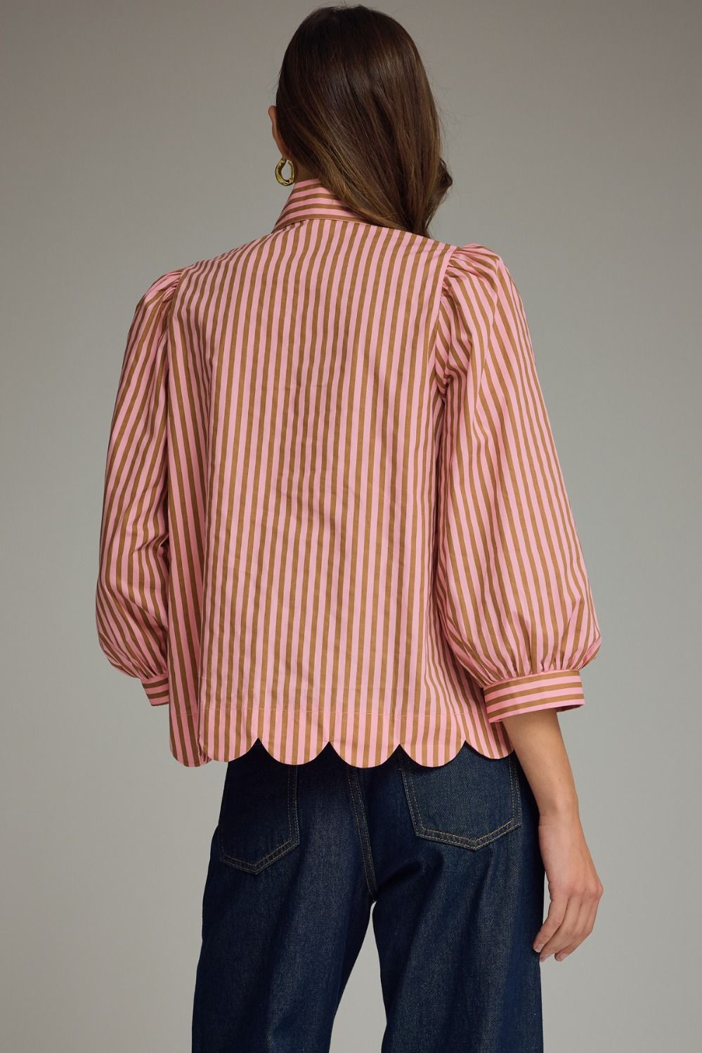 Tie Neck Puff Sleeve Top - Camel/Pink