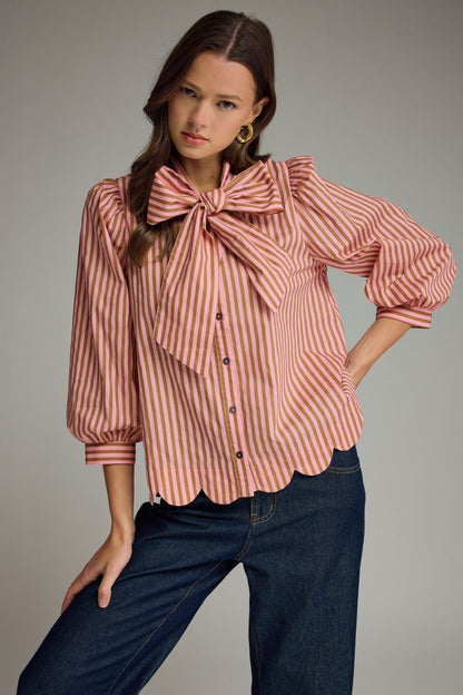 Tie Neck Puff Sleeve Top - Camel/Pink