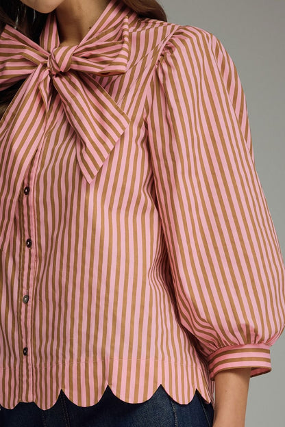 Tie Neck Puff Sleeve Top - Camel/Pink